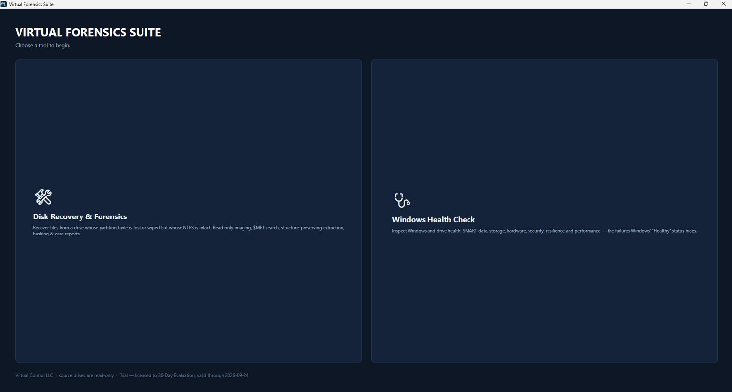 Virtual Forensics Suite home screen with the Disk Recovery and Windows Health Check tools