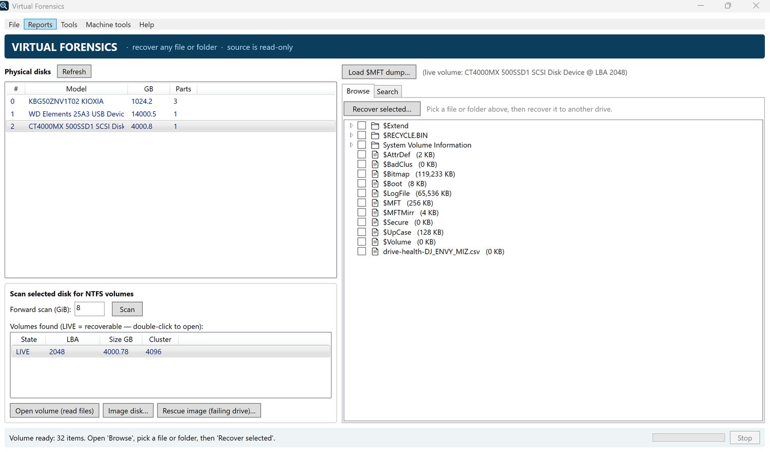 Disk Recovery browsing a live NTFS volume found on a scanned disk